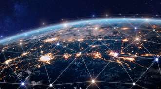 The world from above and many dots that are connected with lines 