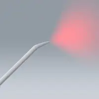 rendering of a front-emitting laser diffusor with a delivery fiber with white sheathing, radiating red light,  set against a gray background.
