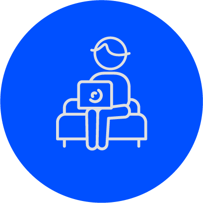 Ein Icon zeigt eine Person, die mit einem Laptop auf einem Sessel sitzt.
