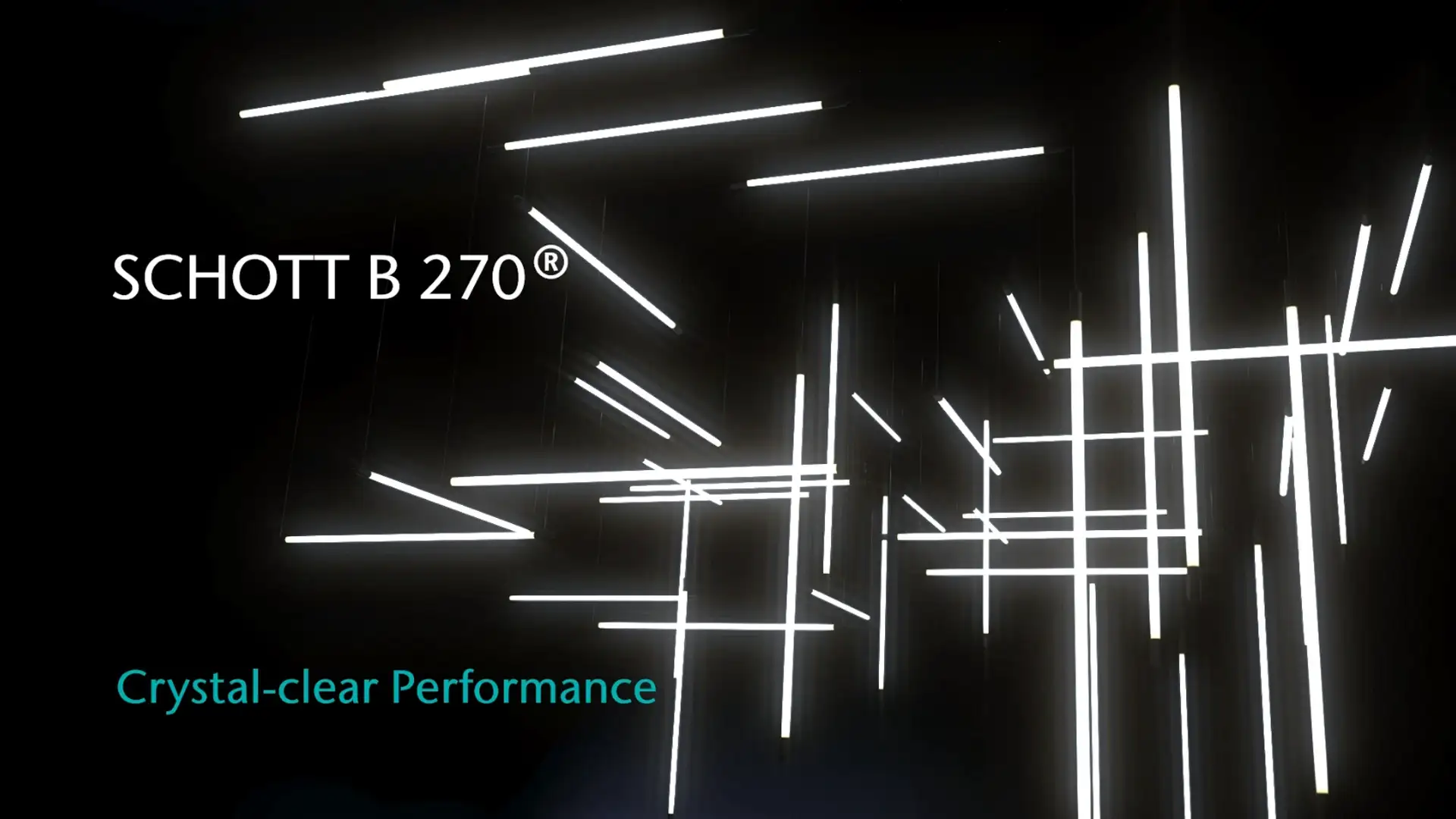 Un montón de tubos fluorescentes blancos flotando en diferentes niveles y en ángulo recto en una habitación oscura. Delante hay un texto flotante: "SCHOTT B 270® - Crystal clear Performance".