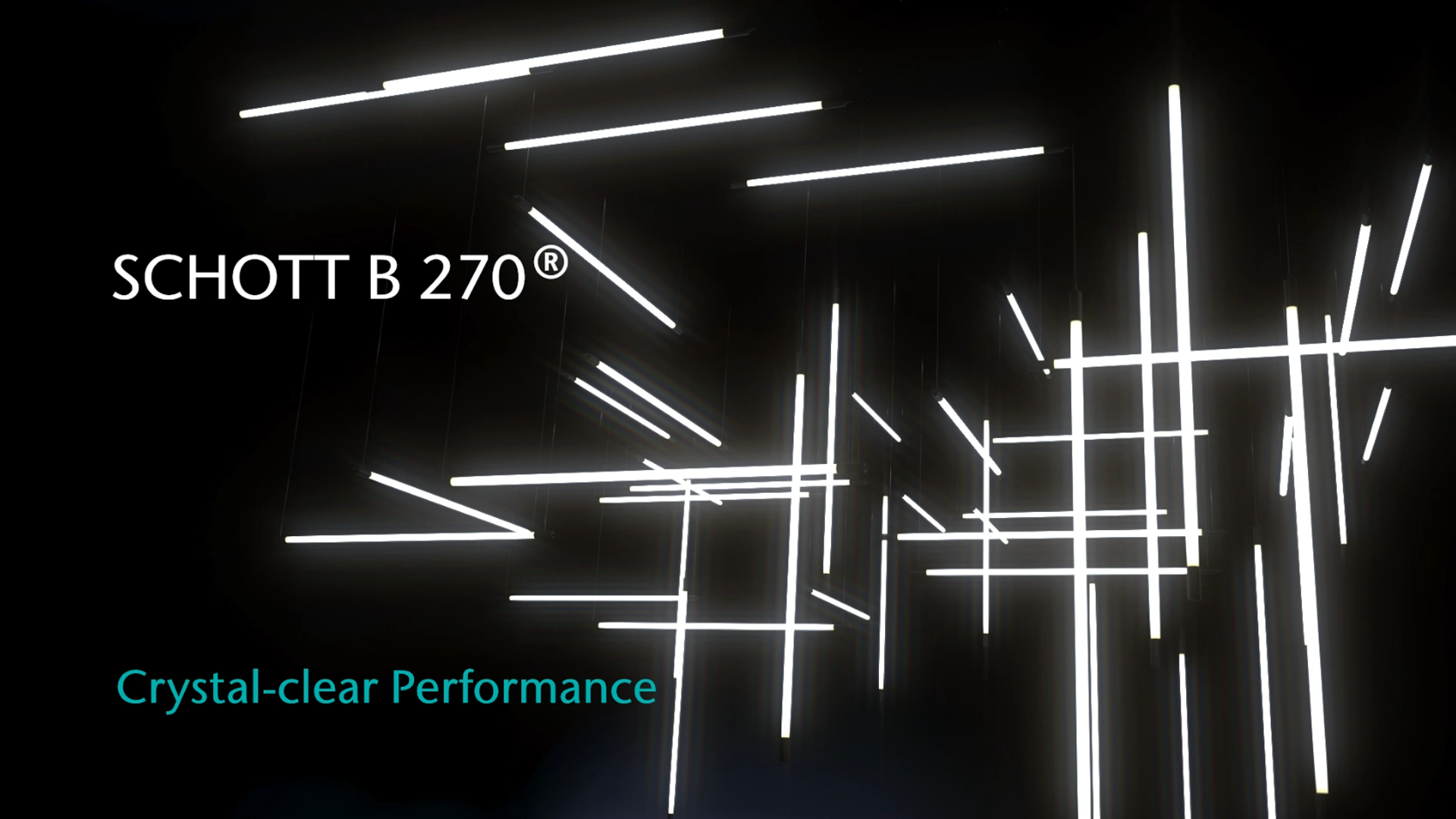 A lot of white fluorescent tubes floating on different levels at right angles to each other in a dark room. In front of it is a hovering text: “SCHOTT B 270® - Crystal clear Performance.