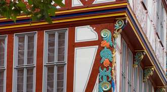 Close-up of the corner of the Haus zur Goldenen Waage in Frankfurt, Germany