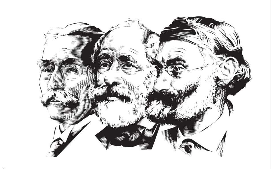 Drawing of Otto Schott, Carl Zeiss and Ernst Abbe
