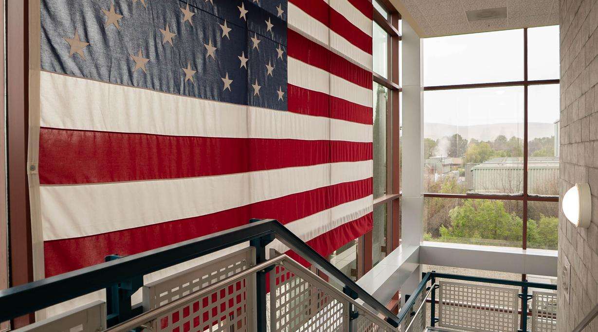 Big American Flag in the hallway of the National Ignition Facility