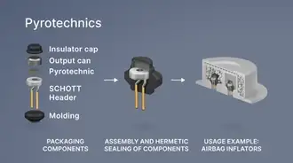 A diagram showing pyrotechnic component packaging and assembly, highlighting an example of airbag inflators. The process includes three stages: packaging components, assembly with hermetic sealing, and final usage in airbag inflators.