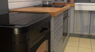Wood cook stove in modern kitchen with gray tiles