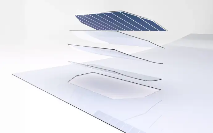 SCHOTT® Solar Glass exos mit dem Rendering einer Solarzelle.