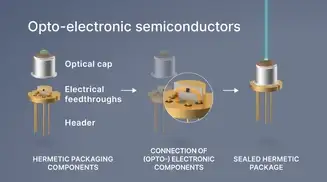 A diagram showing the assembly of opto-electronic semiconductors, which begins with placing the optical cap over the header and electric feedthroughs, connecting the opto-electronic components, and then forming the final sealed hermetic package.