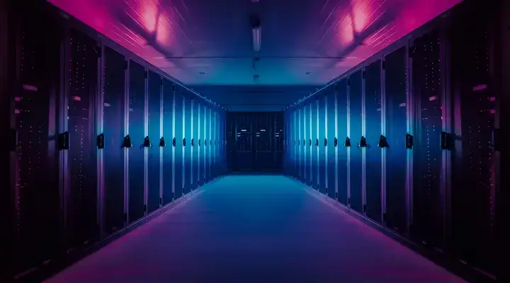 Row of high performance computers bathed in purple light