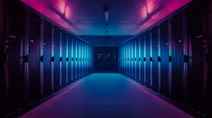 Row of high performance computers bathed in purple light