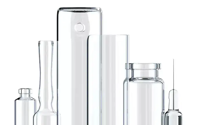 Linha de tubos, carpules e frascos de vidro transparente