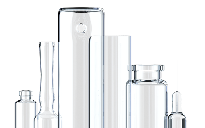Line of clear  glass tubing, cartridges, and vials