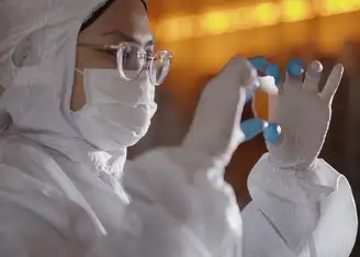 Person in a white protective suit and gloves handling a geometric reflective waveguide.