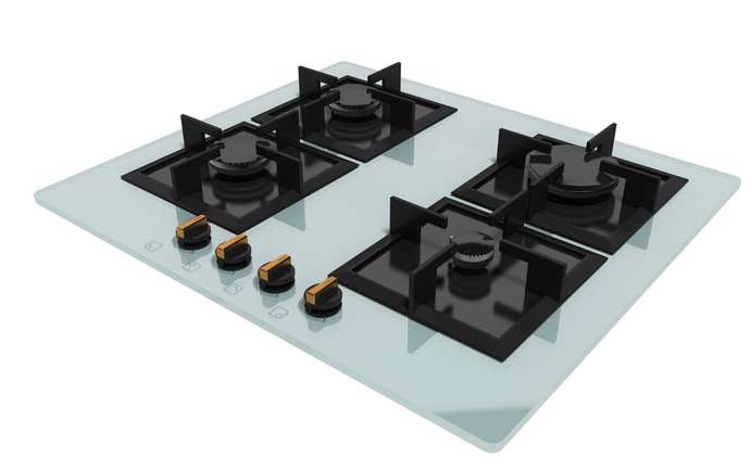 Gas stove with glass top and control knobs