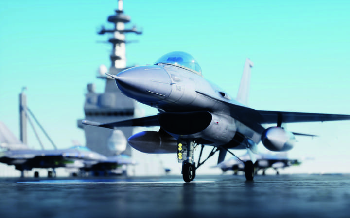 Modern fighter jet on aircraft carrier symbolizing SCHOTT’s hermetic solutions for defense electronicsAdobeStock_156857714.jpeg