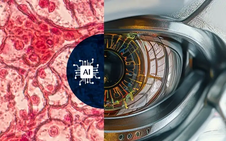 AI-generated image of an eye alongside microscopic view of tissue sample