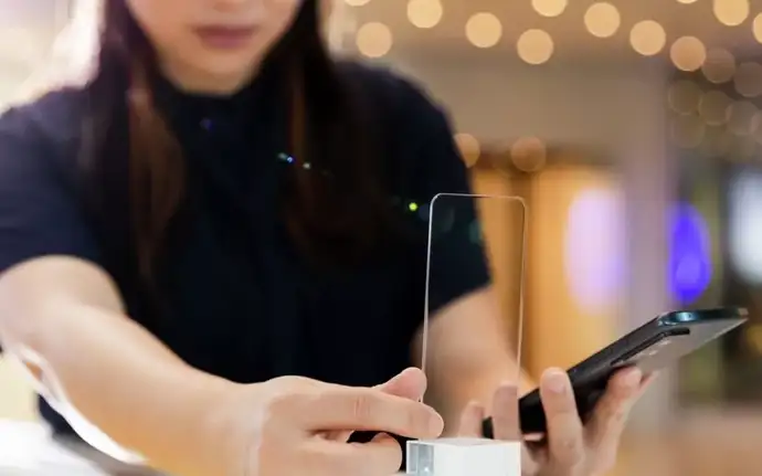 Eine junge Frau hält in einer Hand ein Smartphone, in der anderen ein Coverglas.