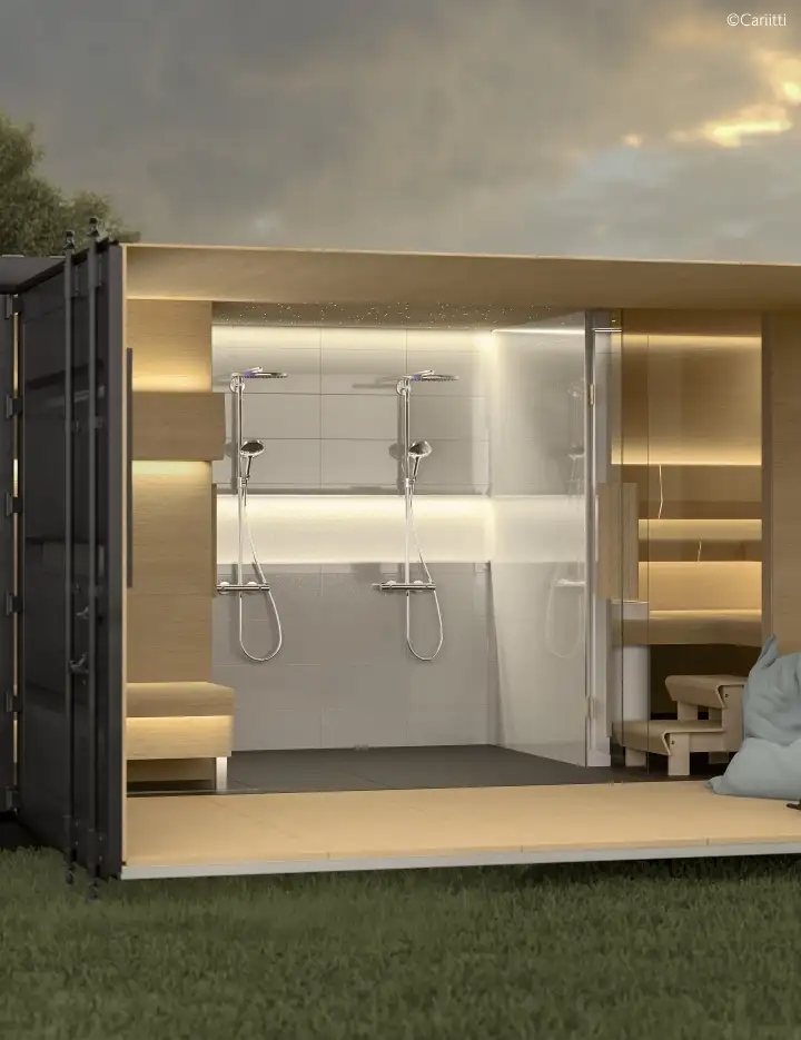 Spa in a container in the middle of a field